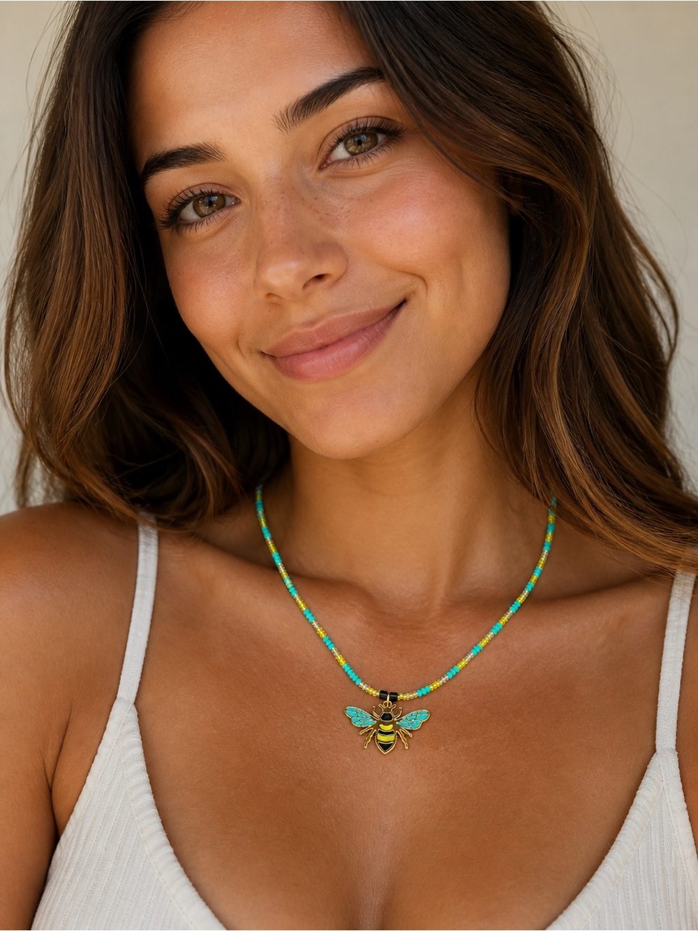 Turquoise and Yellow Bee Pendant Beaded Necklace
